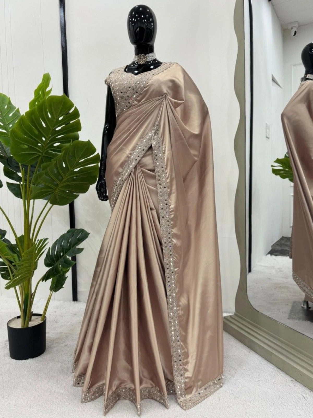 Bollywood Inspired Beige Saree with Original Mirror Work and Embroidery