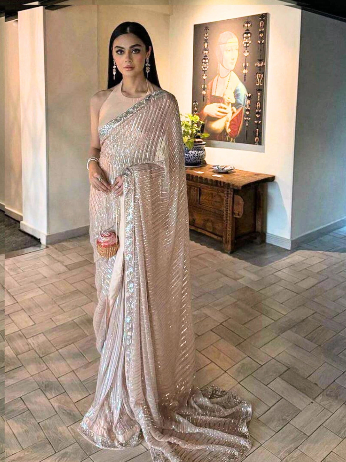 Bollywood Inspired Heavy Georgette Sequins Embroidery Peach Saree-67249366794321