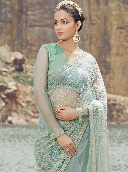 Bollywood Inspired Aqua Blue Net Saree with Stunning Sheer Embellishments-70430219993169