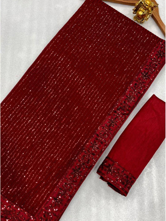 Bollywood Inspired Heavy Georgette Sequins Embroidery Red Saree