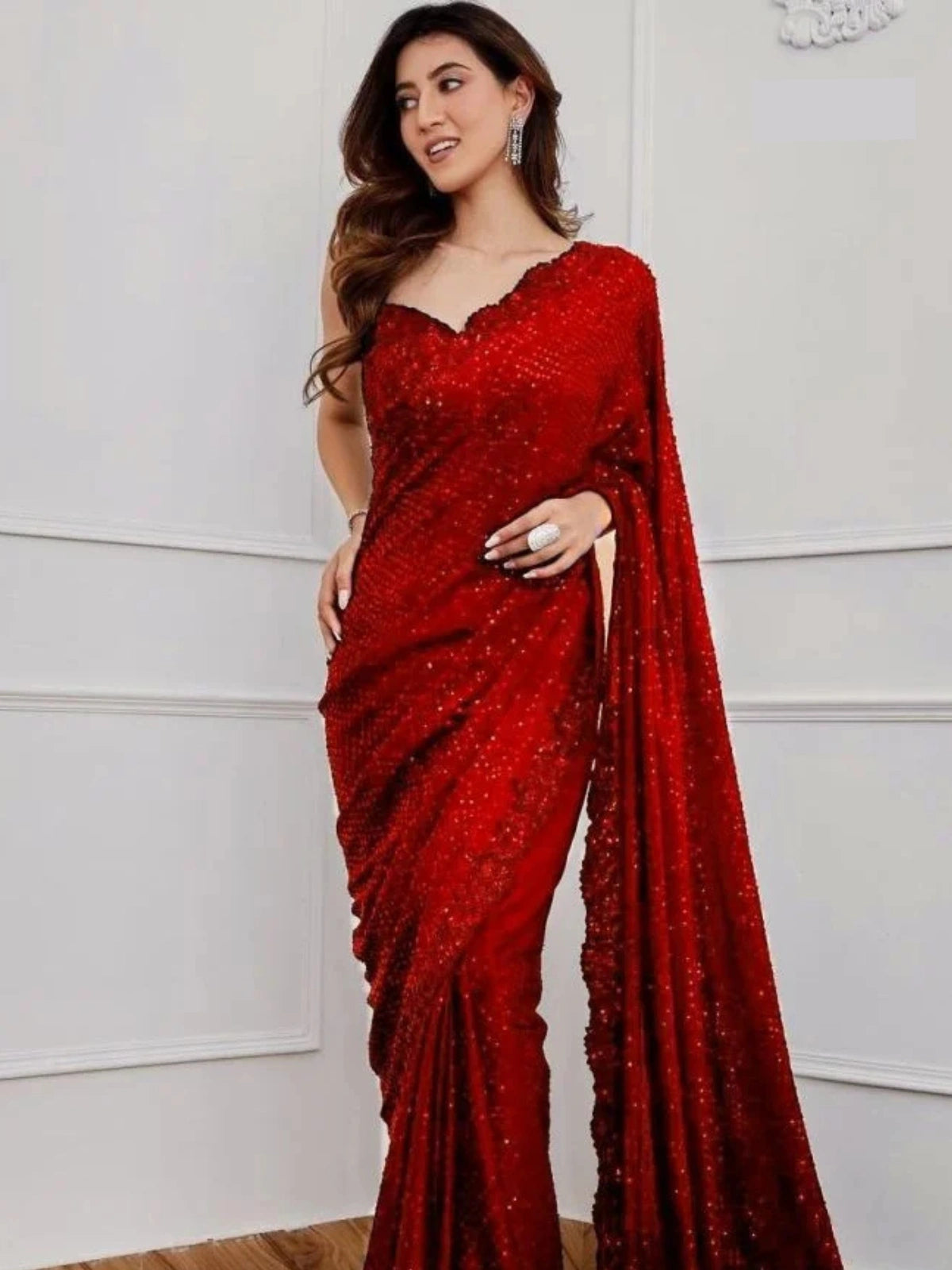 Bollywood Inspired Heavy Red Georgette Saree with Sequin Cutwork Border