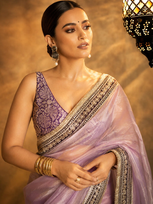 Surabhi Inspired Onion Pink Saree with Gold and Brown Embroidered Borders-71850243915857