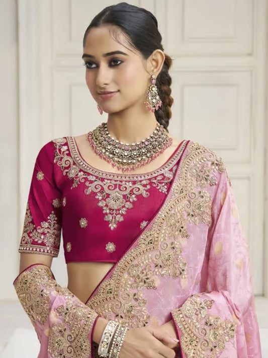 Bollywood Inspired Pink Handwork Zari Cord Tissue Viscose Saree with Designer Blouse-70304461848657