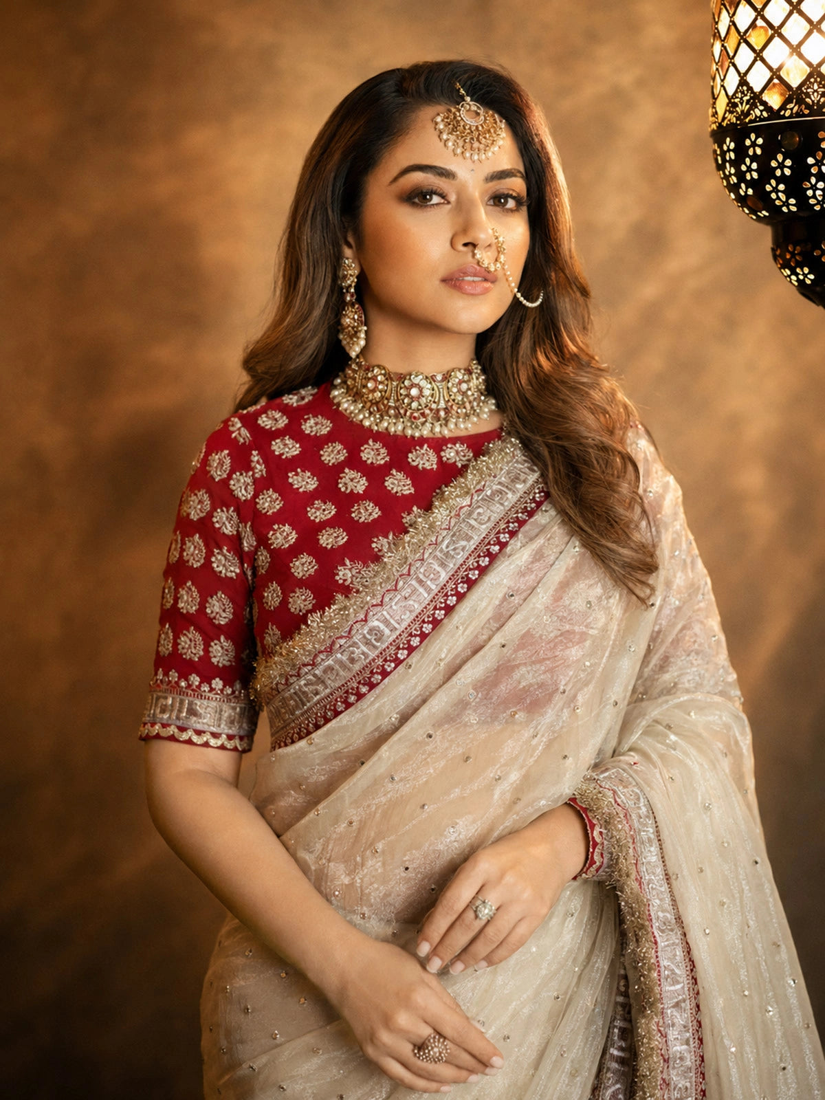 Bollywood Inspired Off-White Twill Net Saree with Red & Gold Embroidery-71900135456849