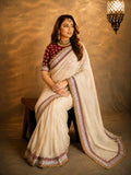 Bollywood Inspired Off-White Twill Net Saree with Red & Gold Embroidery