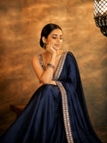 Rakul Inspired Satin Dark Blue Saree With Embroidery Lace and Real Mirror