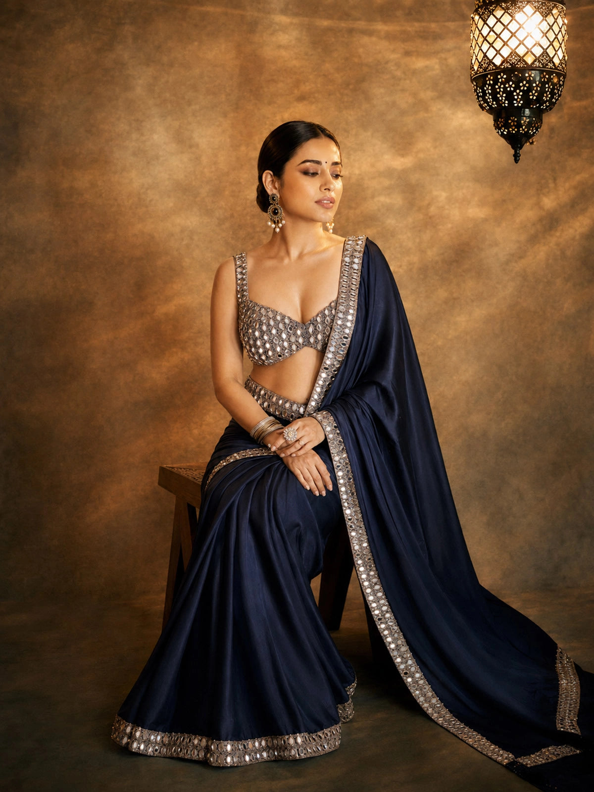 Rakul Inspired Satin Dark Blue Saree With Embroidery Lace and Real Mirror-71900148596817