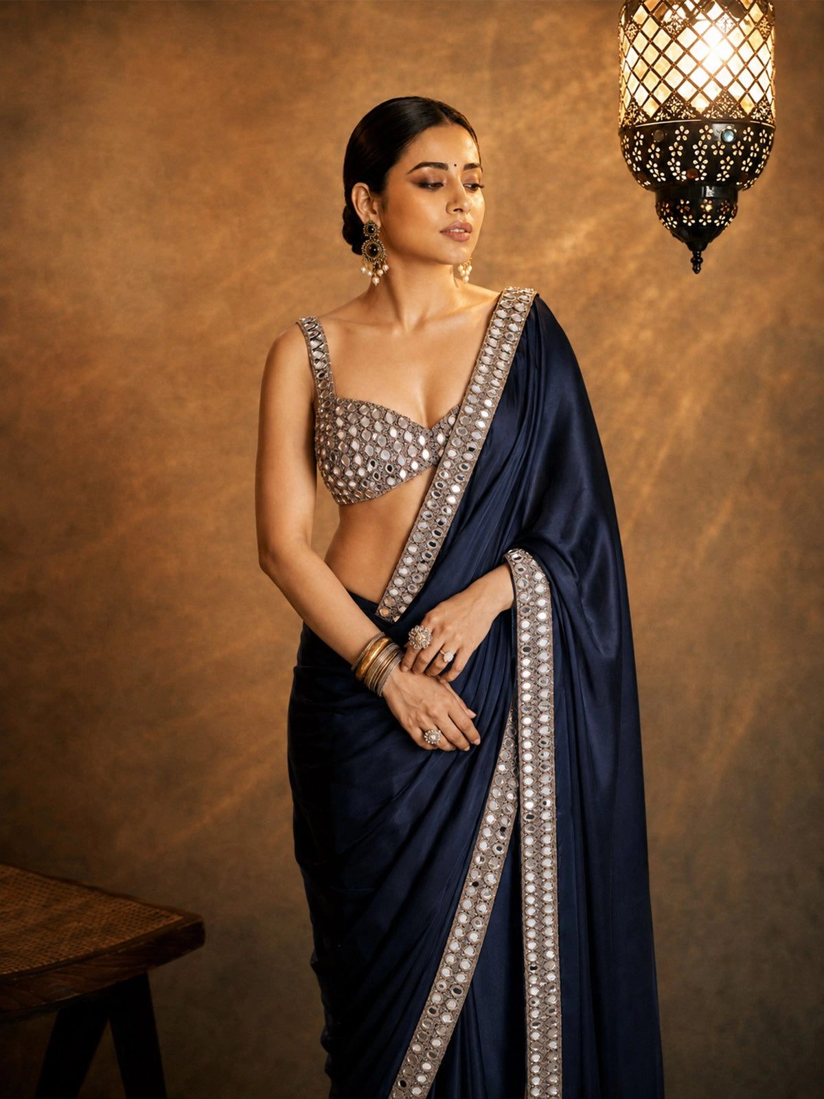 Rakul Inspired Satin Dark Blue Saree With Embroidery Lace and Real Mirror