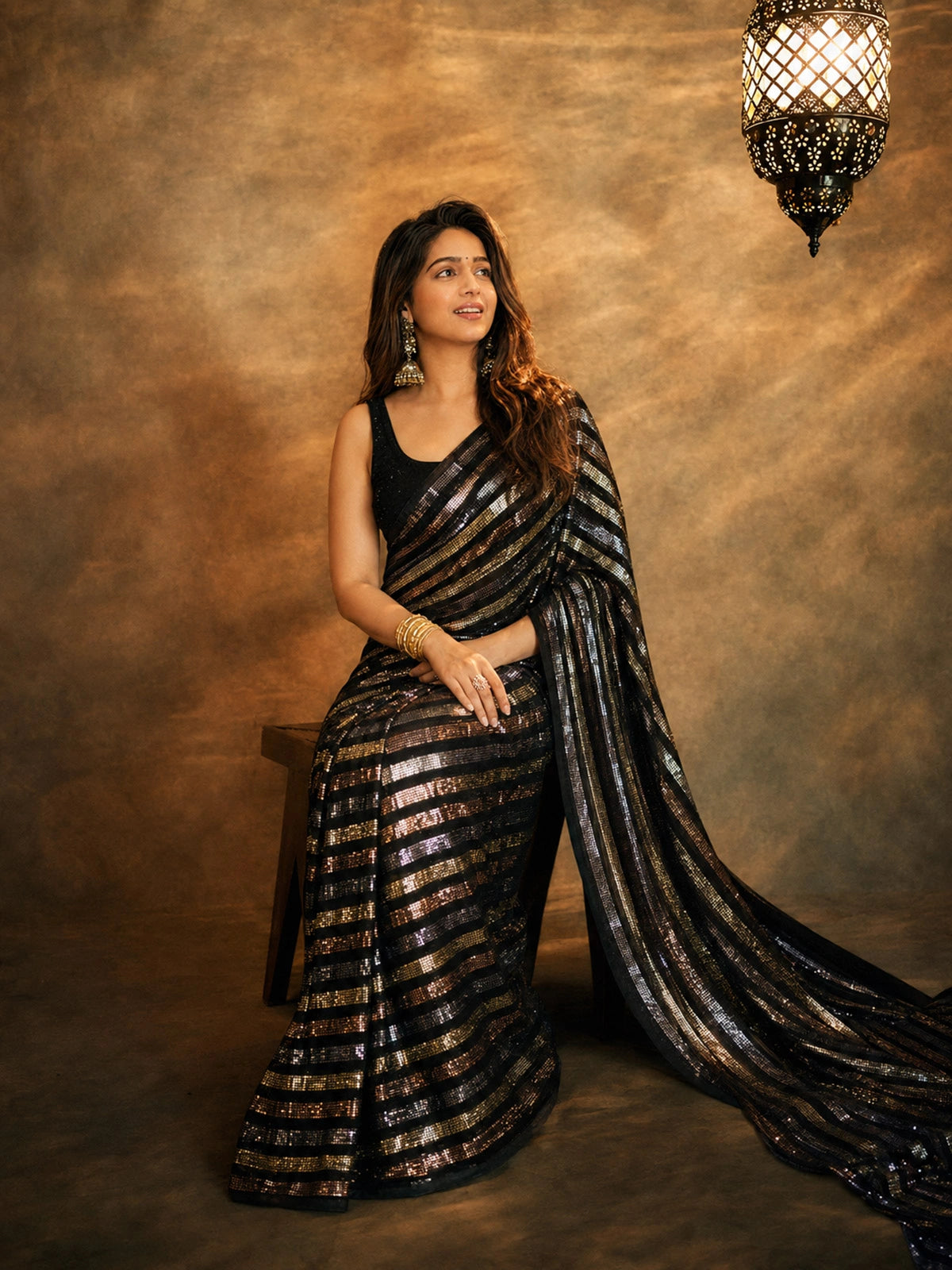 Bollywood-Inspired Black Sequin Saree with Metallic Stripes-71900158754897