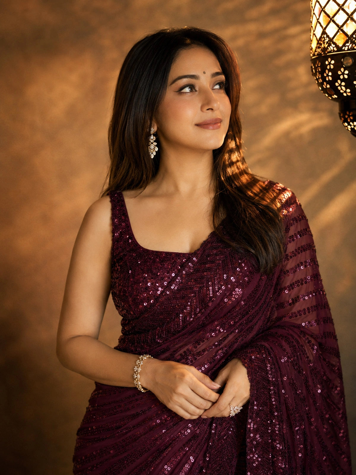 Bollywood Inspired Wine Saree with Lace Border & Heavy Sequin Embroidered Blouse