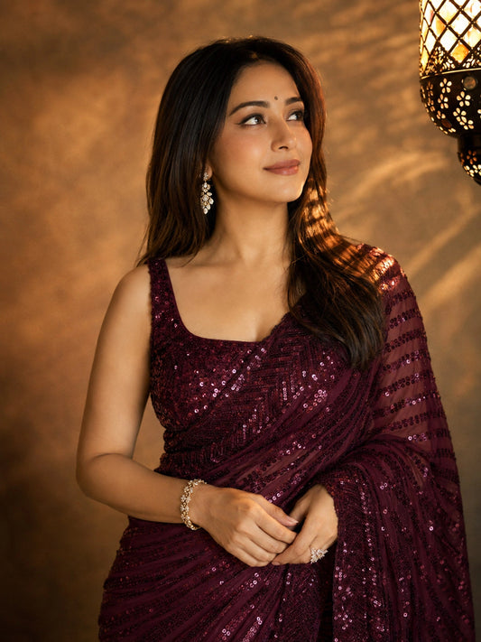 Bollywood Inspired Wine Saree with Lace Border & Heavy Sequin Embroidered Blouse-71900165800017
