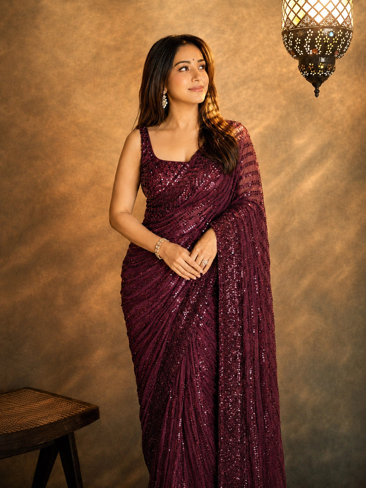 Bollywood Inspired Wine Saree with Lace Border & Heavy Sequin Embroidered Blouse