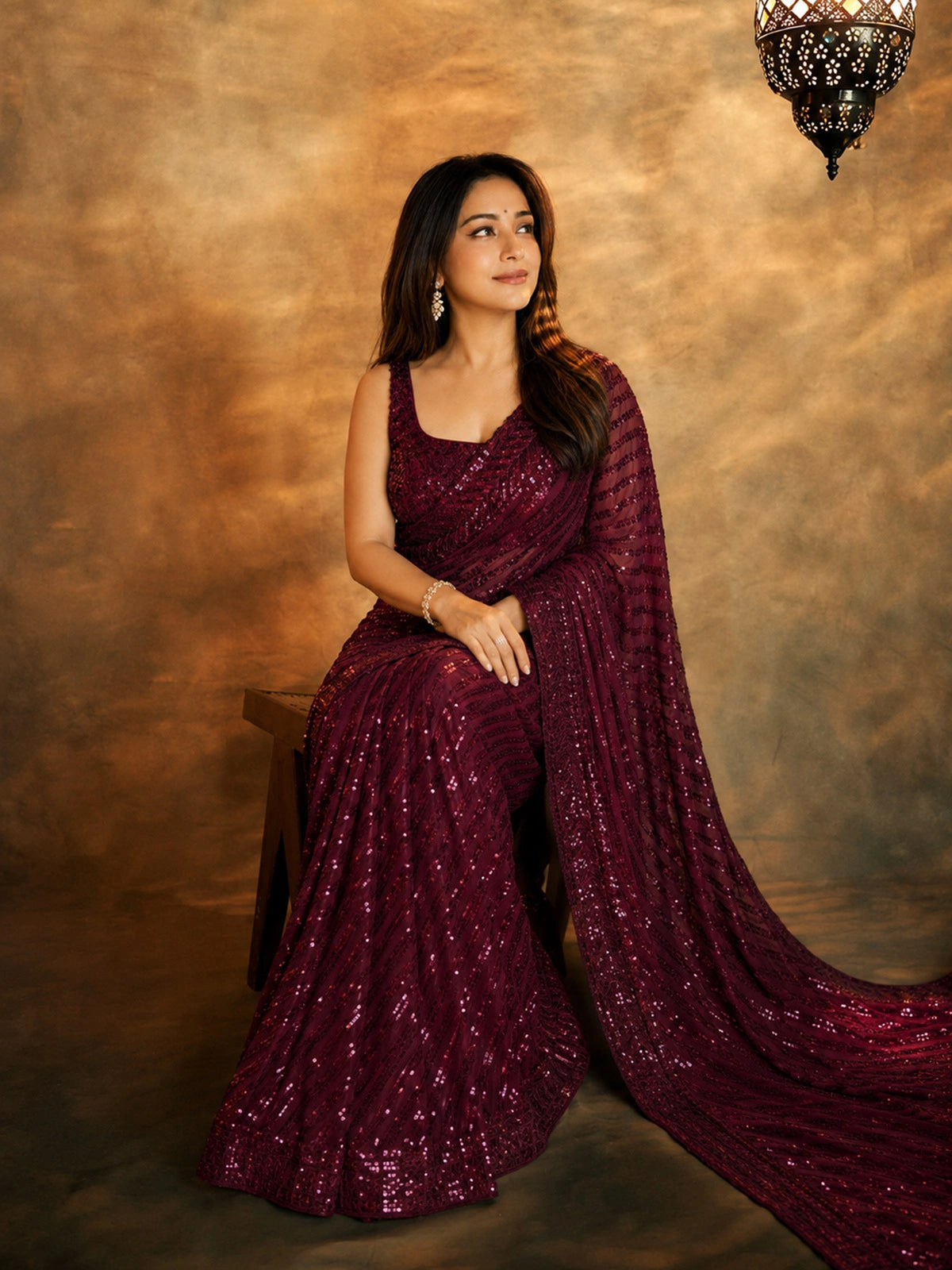 Bollywood Inspired Wine Saree with Lace Border & Heavy Sequin Embroidered Blouse-71900165767249