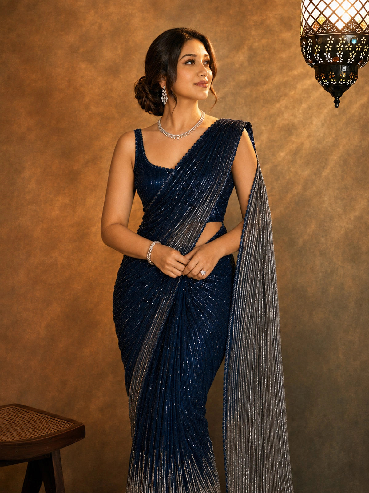Bollywood Inspired Blue & Silver Sequin Georgette Saree with Cutwork Lace