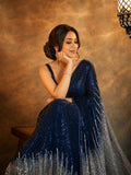 Bollywood Inspired Blue & Silver Sequin Georgette Saree with Cutwork Lace