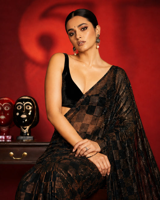 Sanya Inspired Heavy Faux Georgette Full Sequins Black Saree-71814672973905