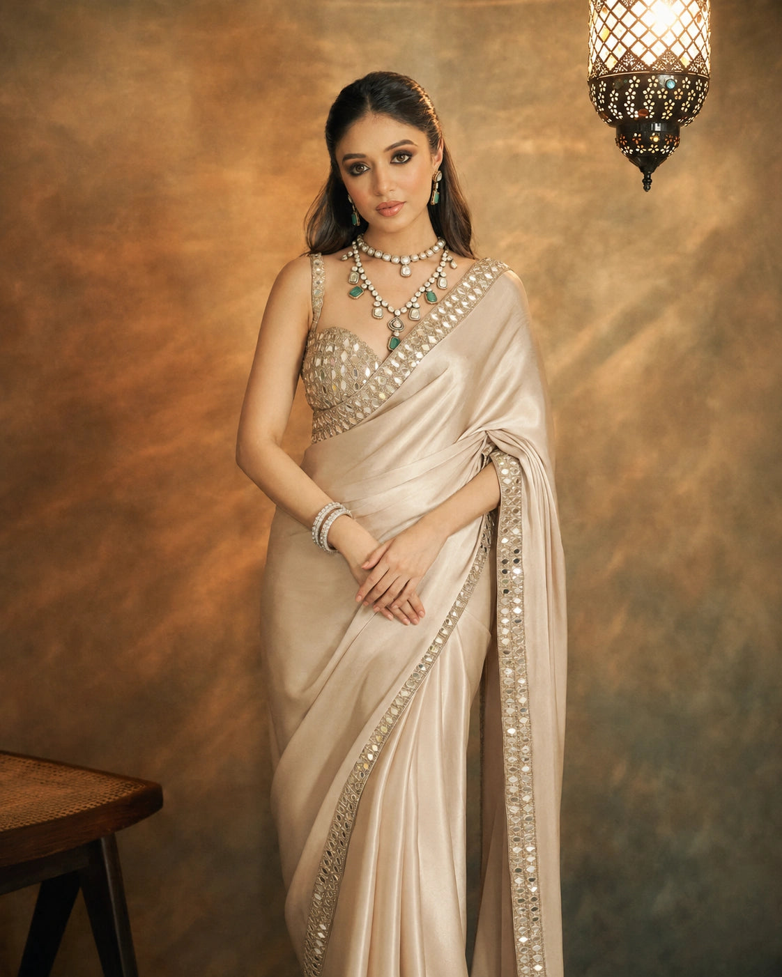 Bollywood Inspired Beige Saree with Original Mirror Work and Embroidery-71814776291409