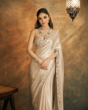 Bollywood Inspired Beige Saree with Original Mirror Work and Embroidery