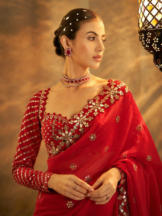 Bollywood Inspired Red Mirror Work Saree with Intricate Floral Detailing-71814792806481