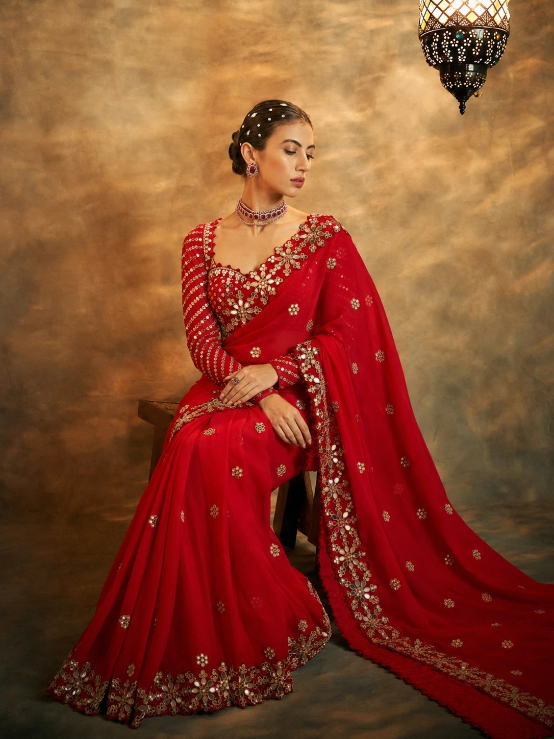 Bollywood Inspired Red Mirror Work Saree with Intricate Floral Detailing-71814792872017