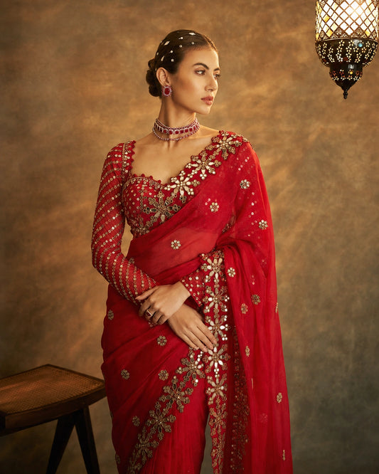 Bollywood Inspired Red Mirror Work Saree with Intricate Floral Detailing-71814792839249