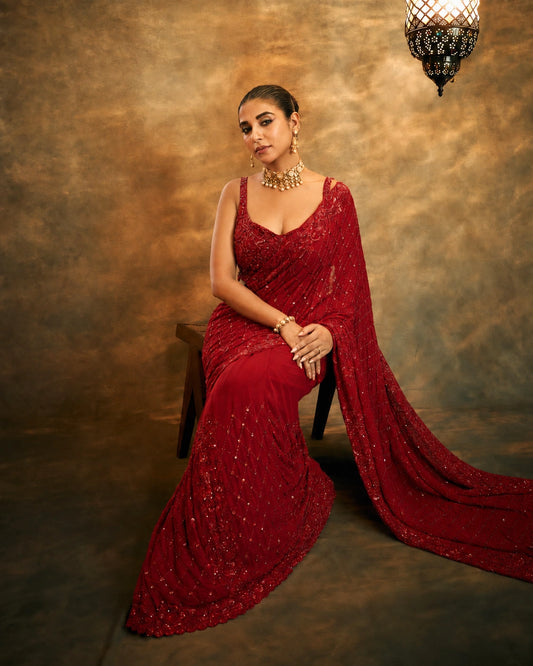 Bollywood Inspired Faux Georgette Embroidery Red Saree with Sequins Work-71814680445009