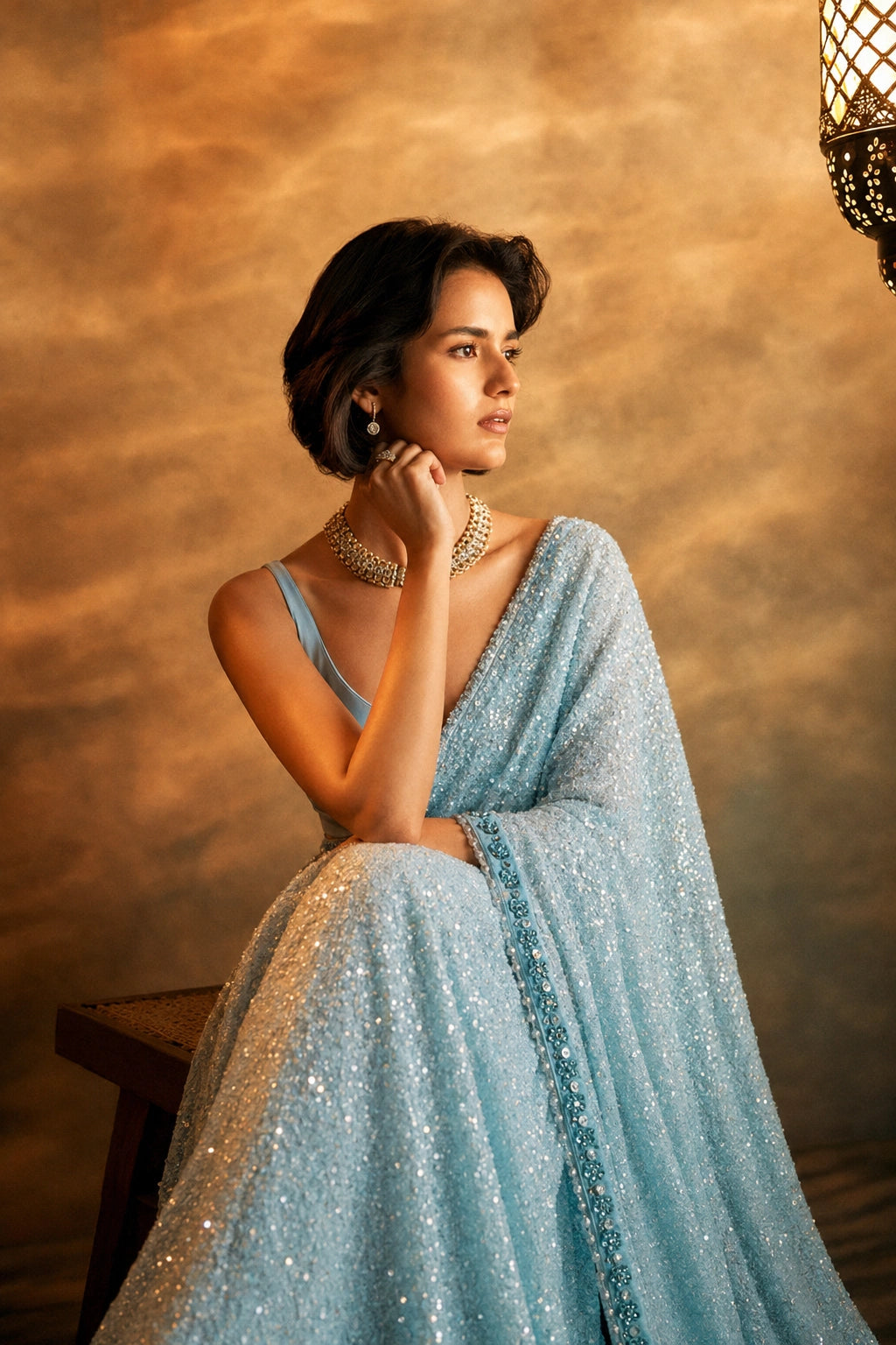 Bollywood-Inspired Sky Blue Sequin Saree with Border Detailing-71814747357265
