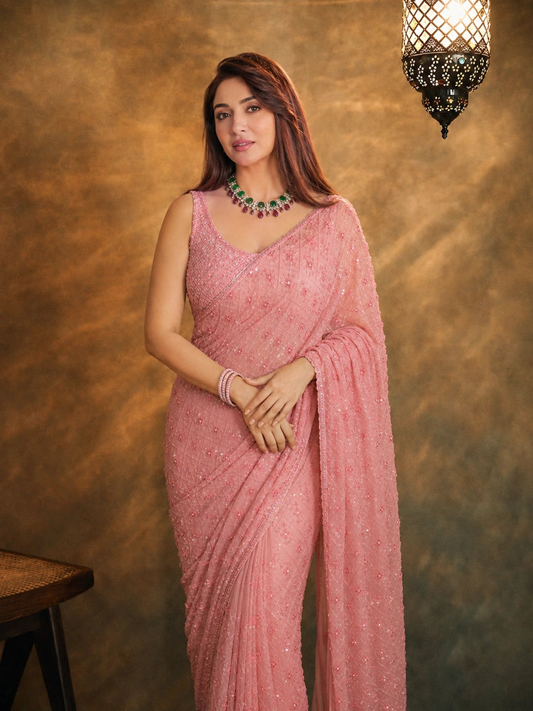 Madhuri Inspired Pink Saree with Embroidery and Sequin Detailing
