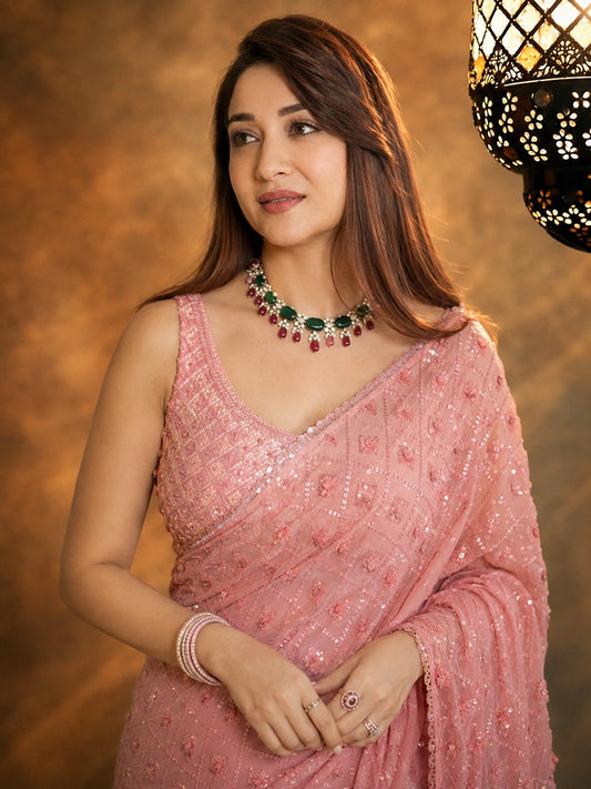 Madhuri Inspired Pink Saree with Embroidery and Sequin Detailing-71987447726161