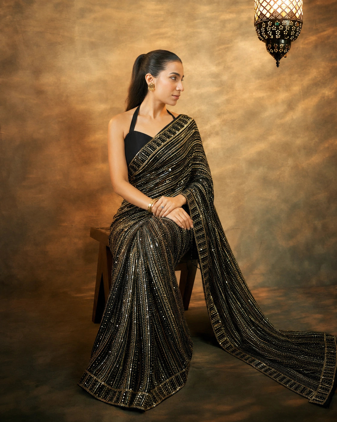 Bollywood Inspired Black Saree with Silver and Gold Sequin Work and Matching Blouse Piece