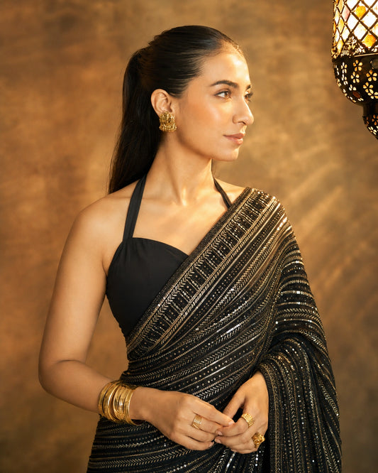 Bollywood Inspired Black Saree with Silver and Gold Sequin Work and Matching Blouse Piece-71814716063825