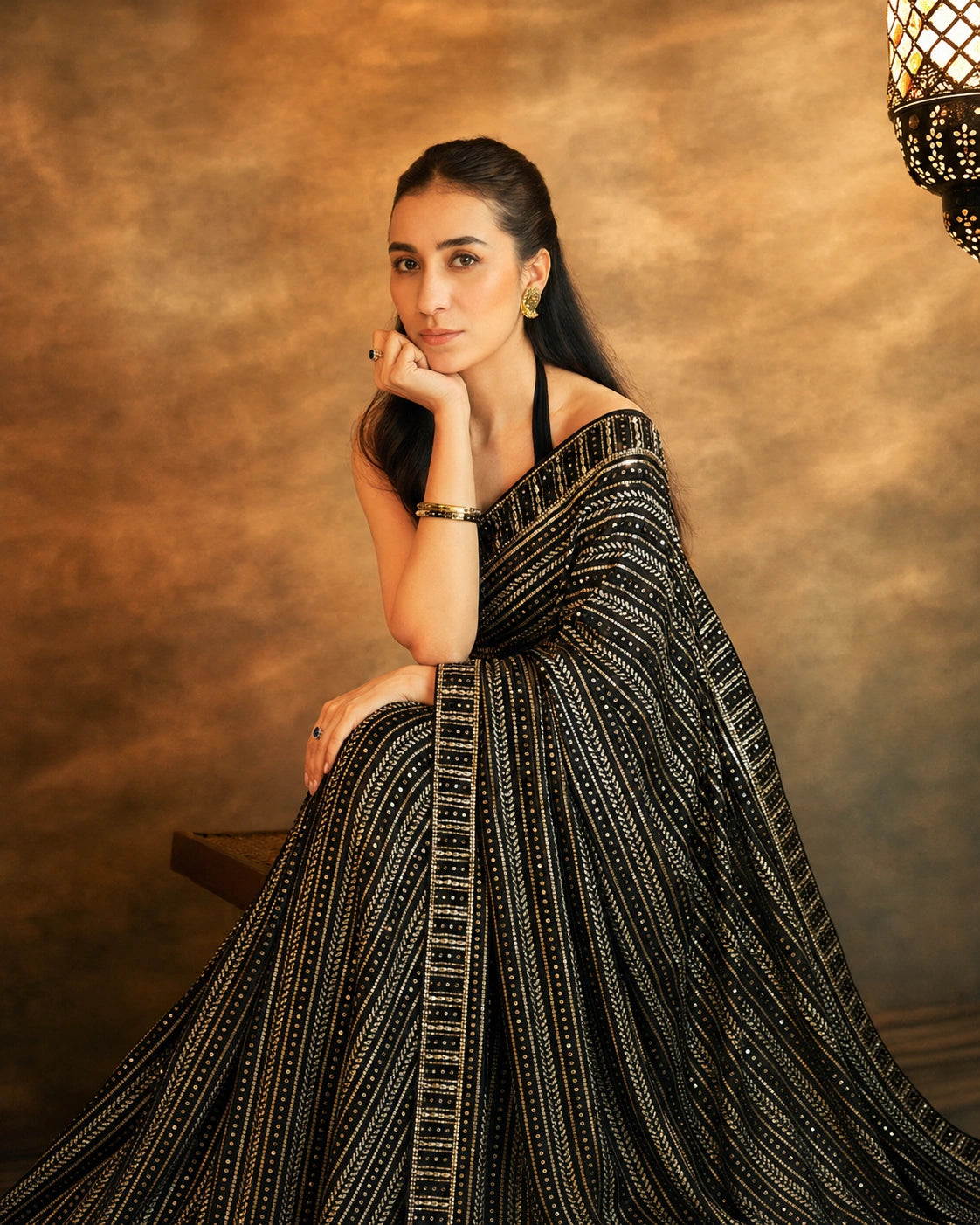 Bollywood Inspired Black Saree with Silver and Gold Sequin Work and Matching Blouse Piece