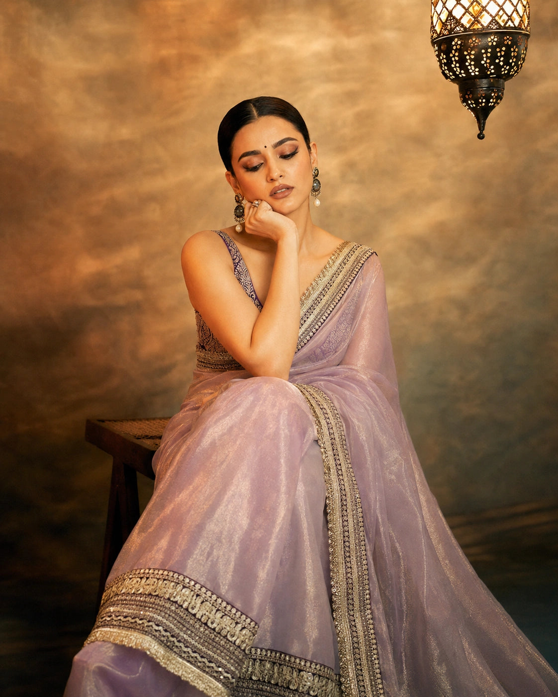 Surabhi Inspired Onion Pink Saree with Gold and Brown Embroidered Borders