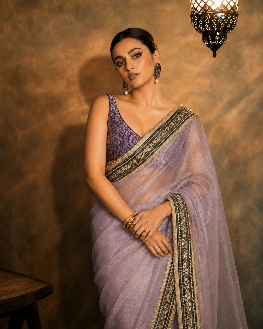 Surabhi Inspired Onion Pink Saree with Gold and Brown Embroidered Borders-71842849390673
