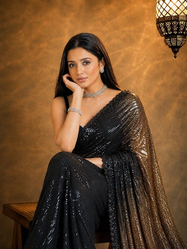 Pragya Inspired Black and Gold Sequin Saree-71945645359185