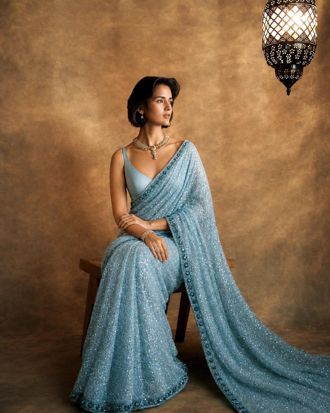 Bollywood-Inspired Sky Blue Sequin Saree with Border Detailing-71814747324497