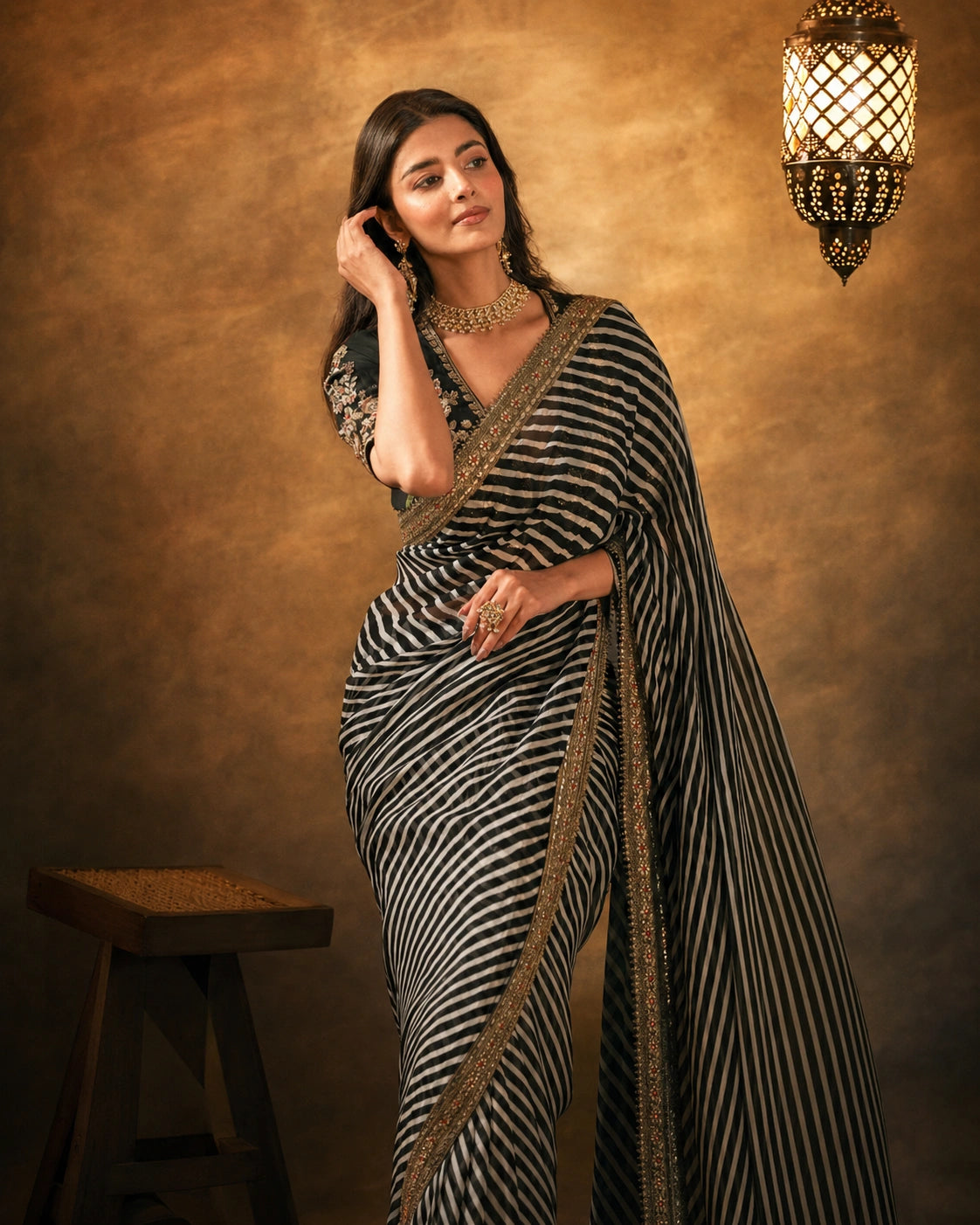 Bollywood Inspired Soft Georgette Leriya Black Saree with Embroidery
