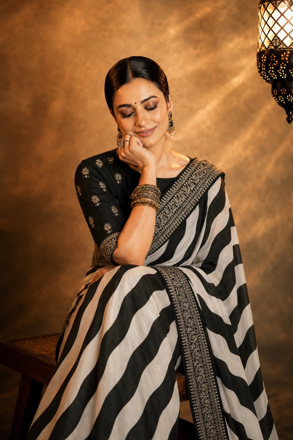Parineeti Inspired Black & White Striped Printed Georgette Saree