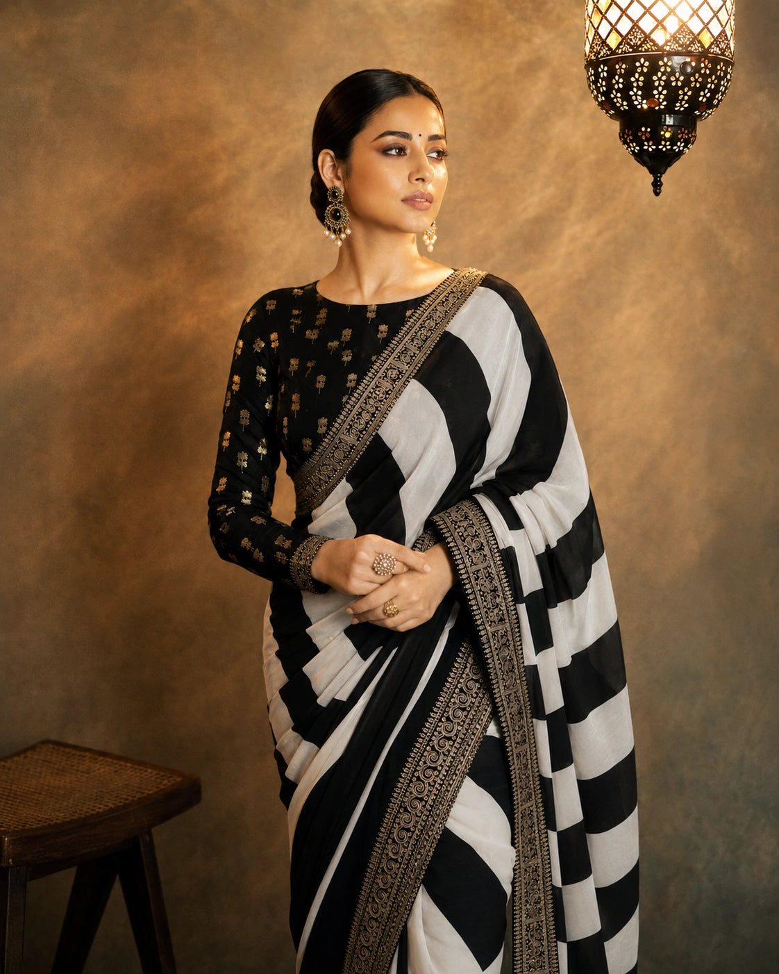 Parineeti Inspired Black & White Striped Printed Georgette Saree-71842804039761