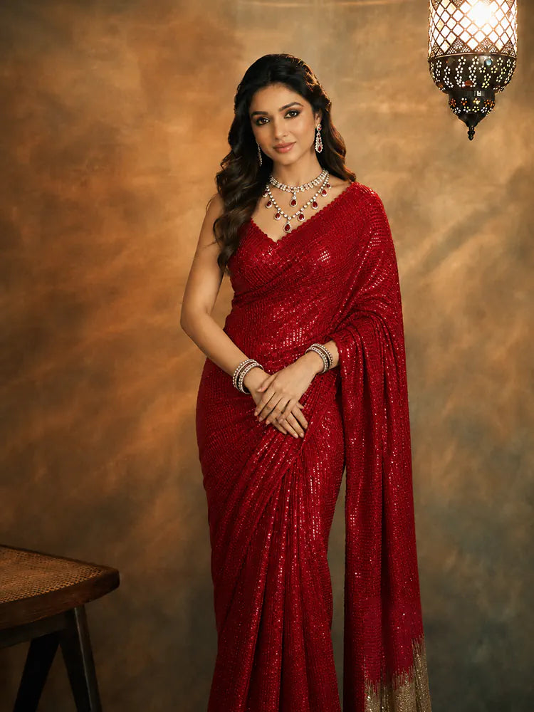 Shreya Inspired Red and Gold Sequin Saree