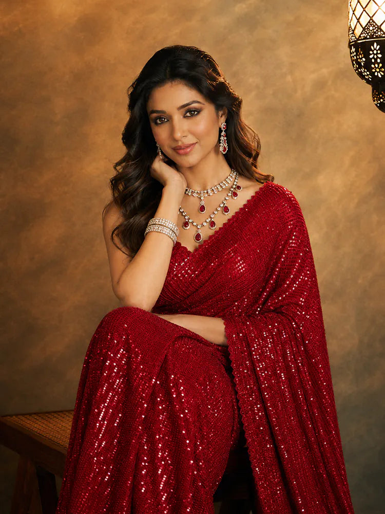 Shreya Inspired Red and Gold Sequin Saree-71939233087569
