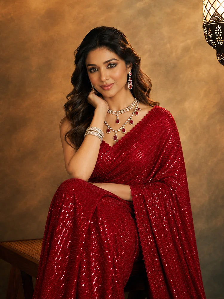 Shreya Inspired Maroon and Gold Sequin Saree-73998718500945