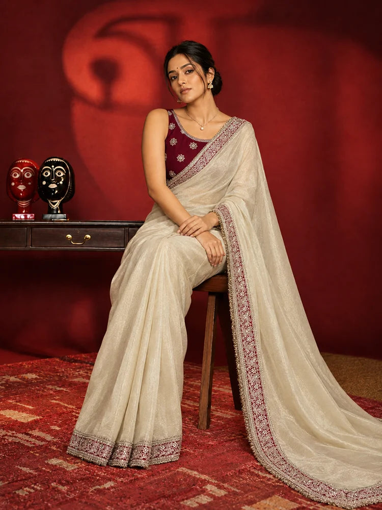 Designer Festive Twill Net Saree in Maroon and Golden Color-74194872991825