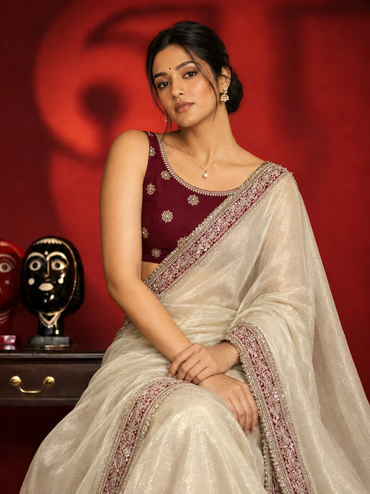 Designer Festive Twill Net Saree in Maroon and Golden Color-74194872238161