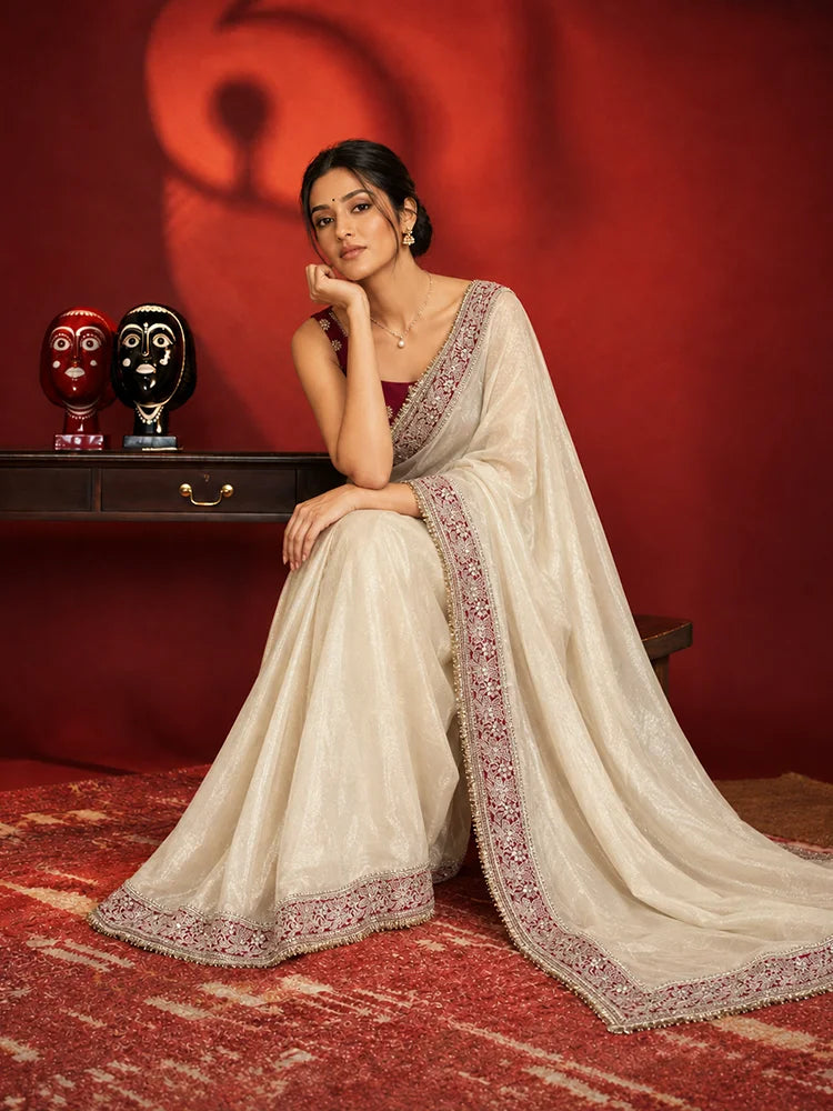 Designer Festive Twill Net Saree in Maroon and Golden Color