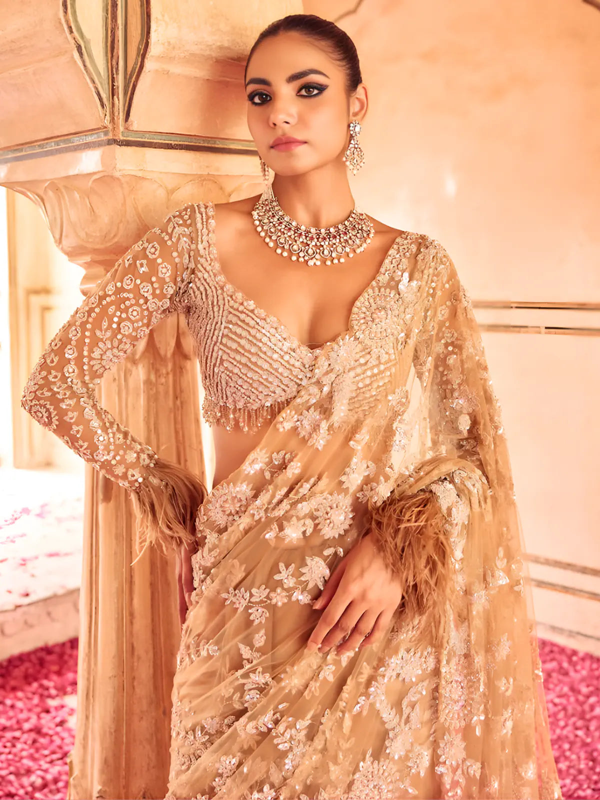 Bollywood Inspired Embroidered Golden Net Saree With Jhalar Border