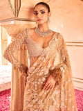 Bollywood Inspired Embroidered Golden Net Saree With Jhalar Border