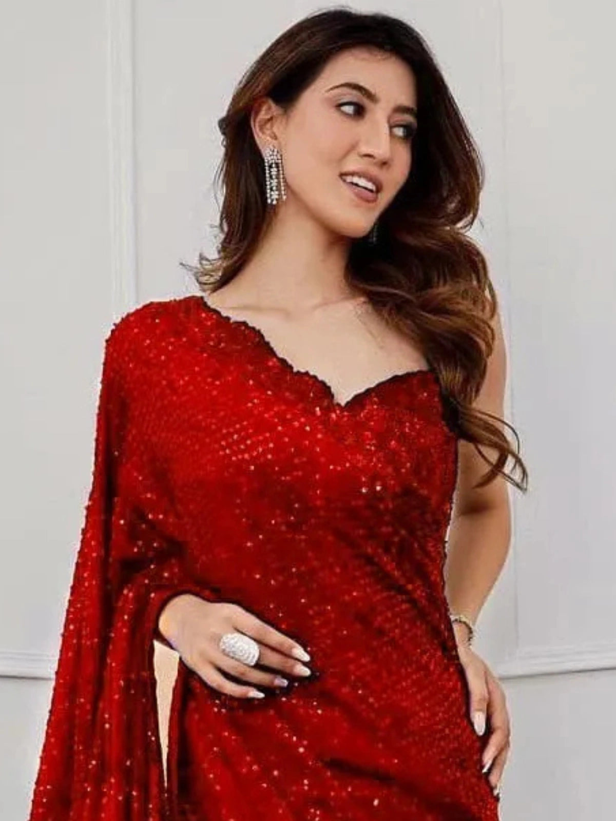 Bollywood Inspired Heavy Red Georgette Saree with Sequin Cutwork Border
