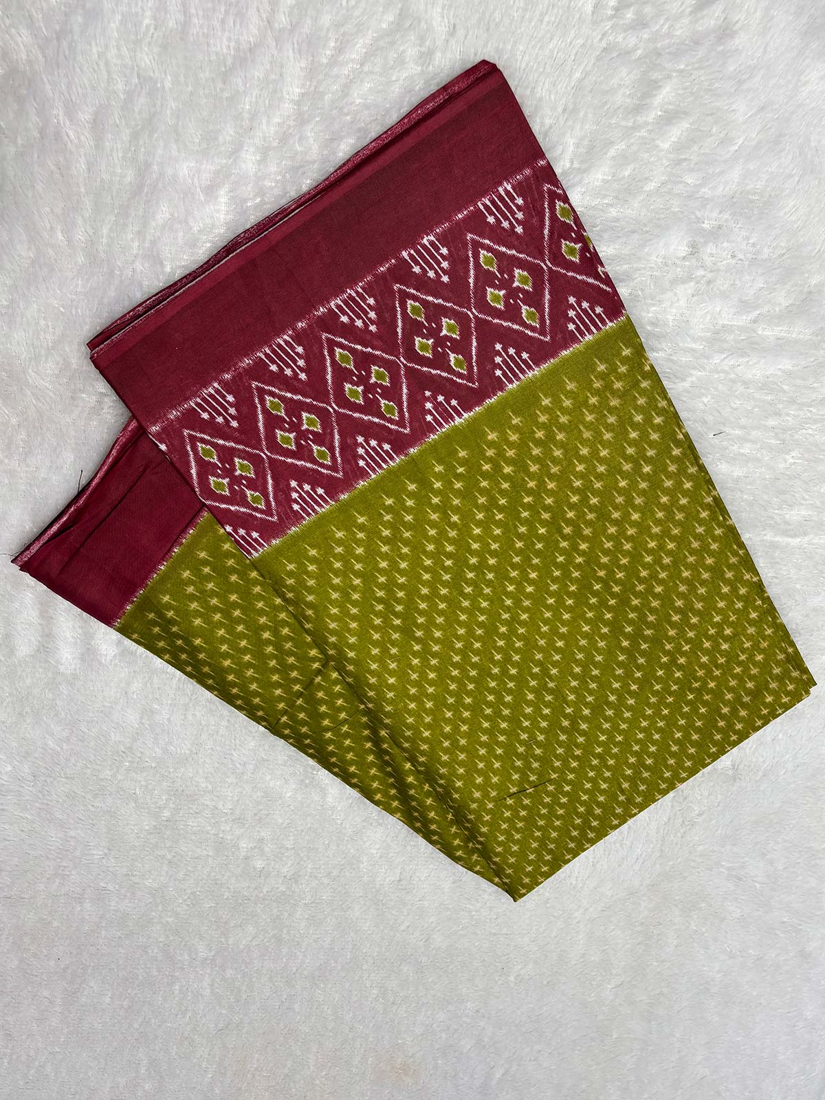 Soft Cotton Ikat Pattern Saree in Olive Green with Maroon Border-1  Celebrity Drapes