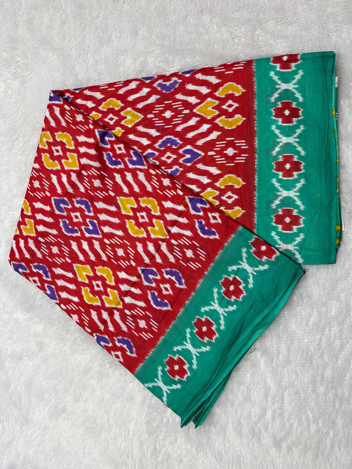 Soft Cotton Ikat Pattern Saree in Red with Green Floral Border-2  Celebrity Drapes